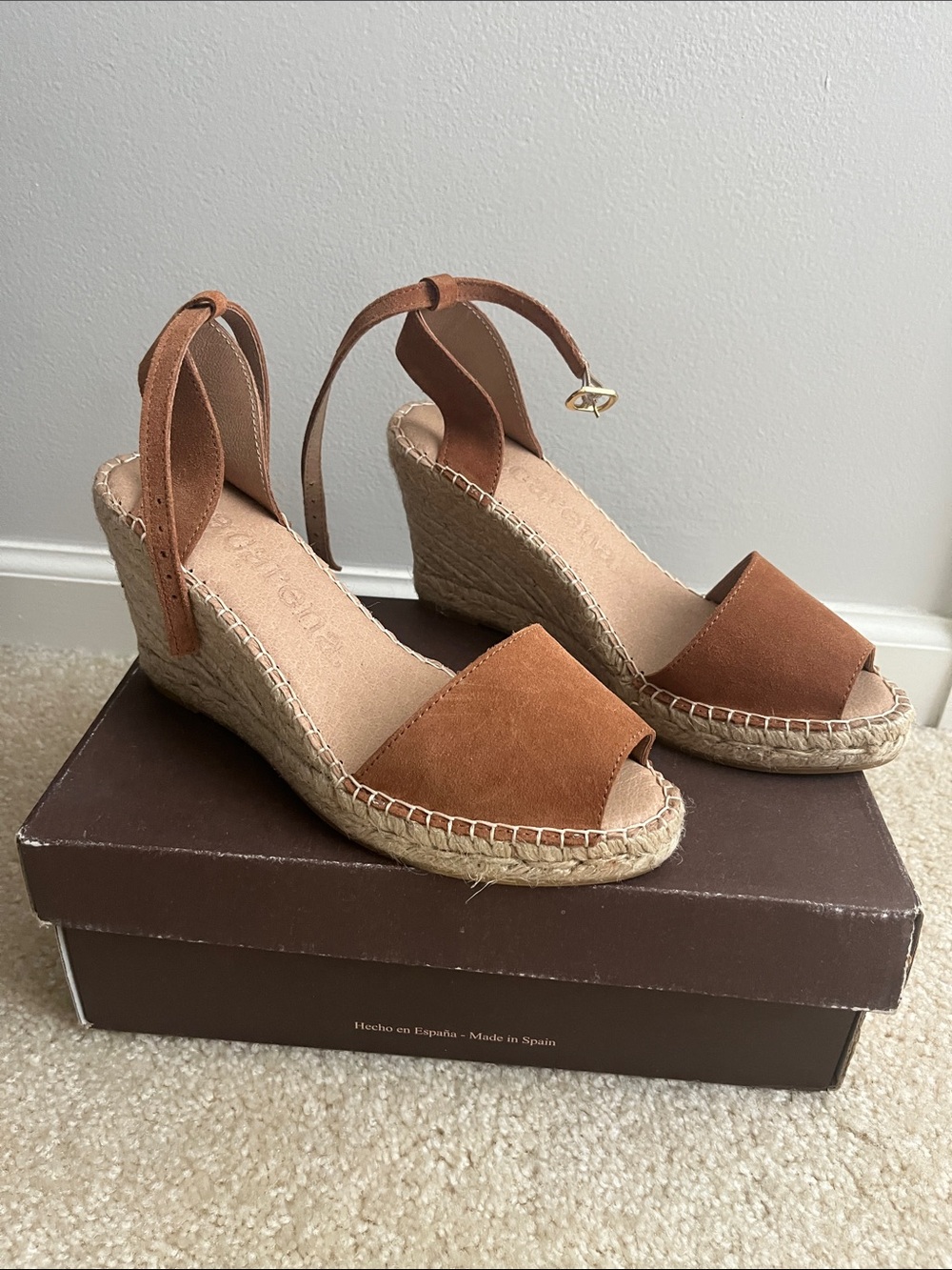 Suede Espadrille Wedge Sandals in Cognac Brown